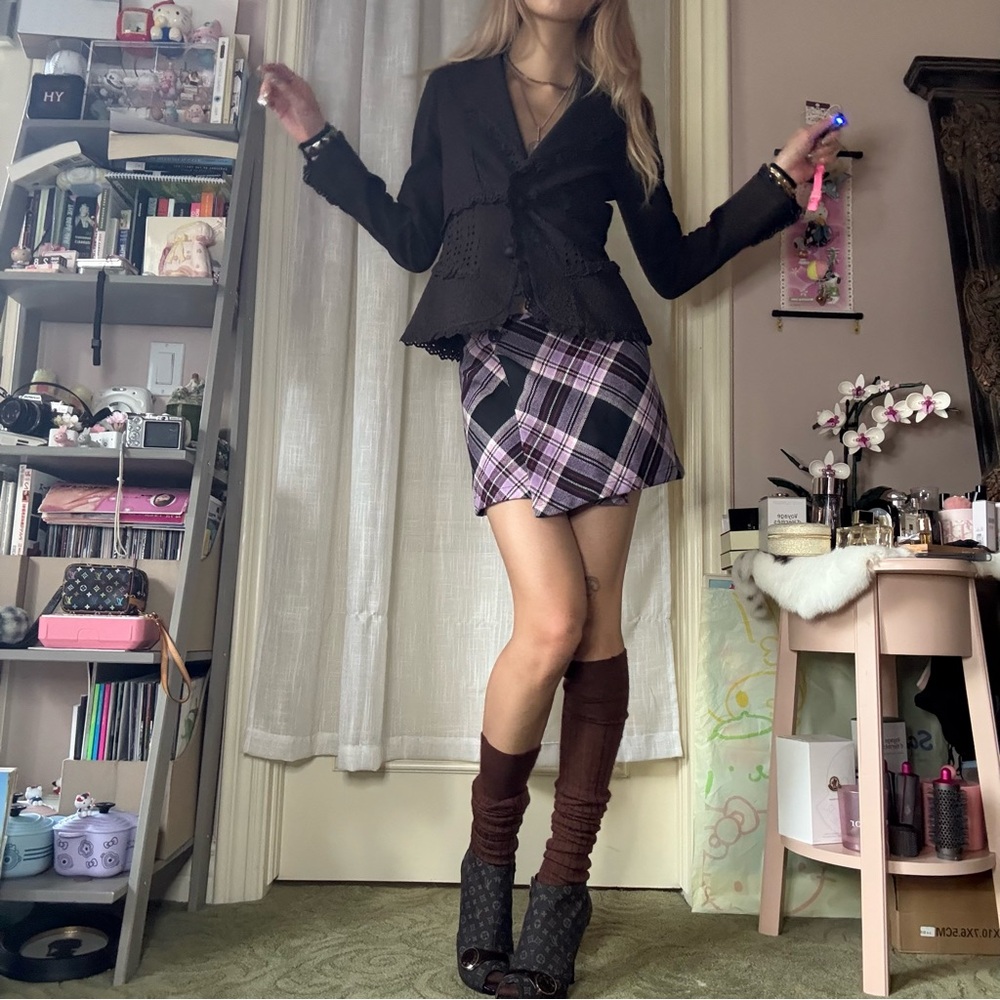 Size XS Unif Witz Pink & Black Plaid Wrap Mini Skirt - Picture 2 of 13